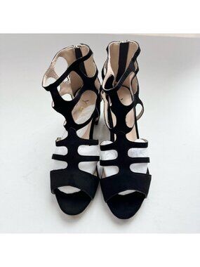 Women Size 7 Sexy Peep Toe Strappy Cutout Sandals Black Suede YDN